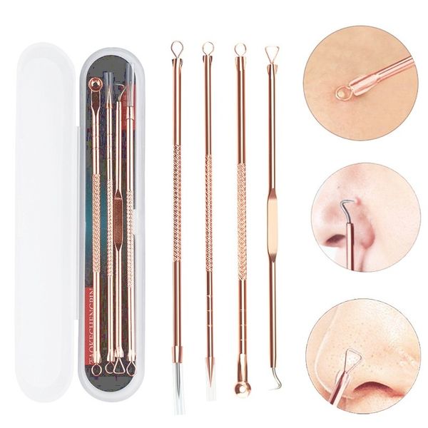

4 pcs rose gold stainless steel blackhead remover tool kit face massage whitehead pimple spot acne extractor