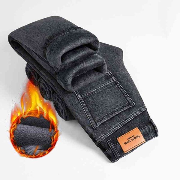 

men's jeans sulee winter warm business fashion classic style black blue denim straight fleece thick pants male brand 0eq1