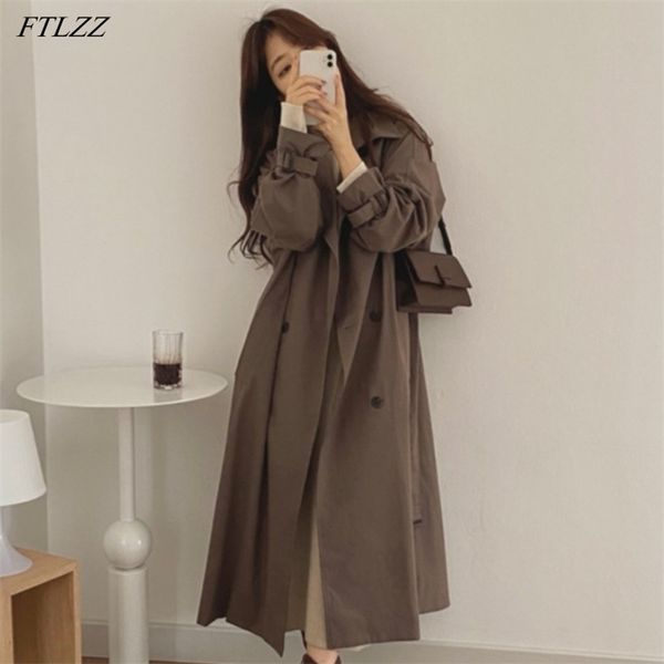 

spring autumn women loose solid long sleeve jacket coat double-breasted tailored collar trench with belt 210430, White;black
