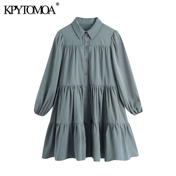 

women chic fashion button-up loose mini shirt dress vintage three quarter sleeve pleated female dresses mujer 210416, Black;gray