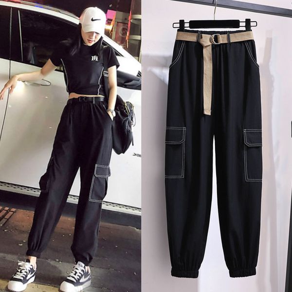 

women's pants & capris summer loose cargo black leggings sports high waist streetwear harajuku korean joggers plus size 3xl 4xl 5x, Black;white