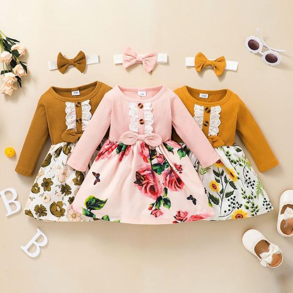 

girl's dresses autumn infant baby girls floral printed dress long sleeve ribbed short skirt hairband patchwork spring clothes, Red;yellow