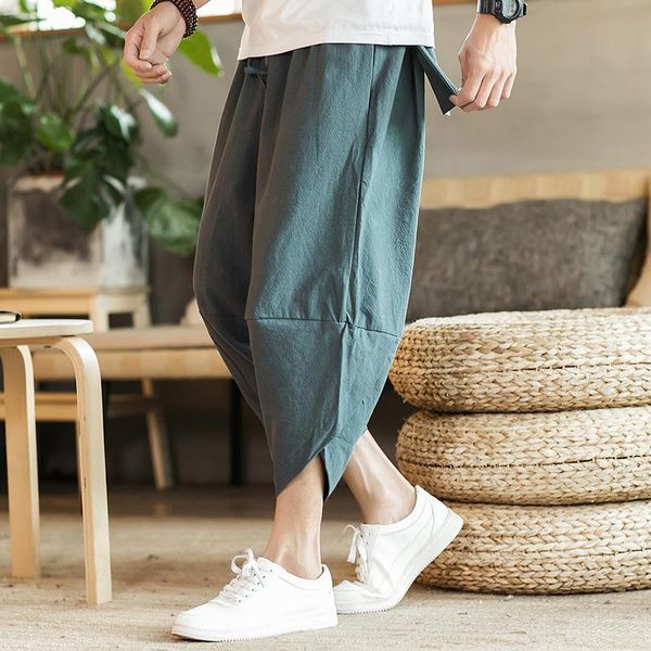 

men's pants baggy cotton linen men harem with pocket hip-hop wide leg trousers casual vintage, Black