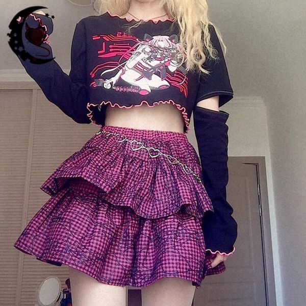 

skirts harajuku punk purple red plaid high waist pleated skirt gothic girls lolita cake mini streetwear, Black