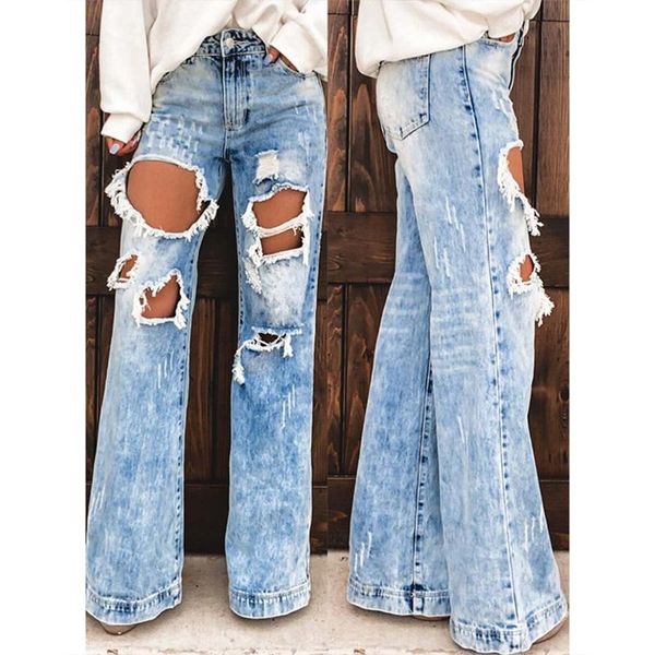 

women's jeans mid waist women straight thigh distressed flare leg ripped denim plus size pants do old big hole long, Blue