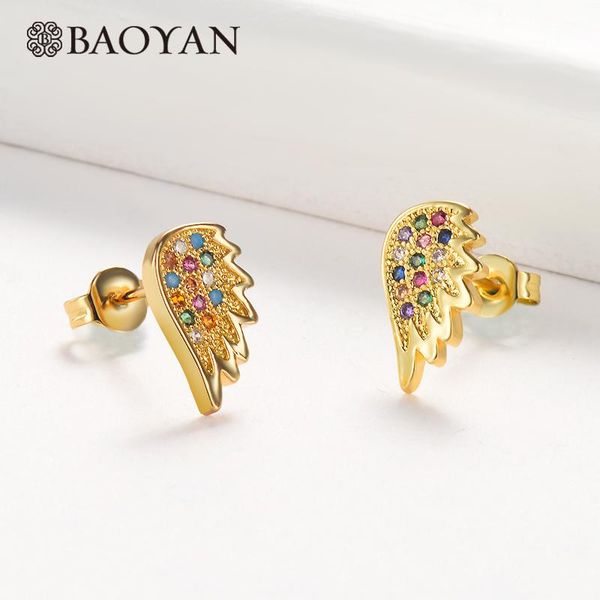 

stud baoyan cute rainbow cubic zirconia stone flower charm earring anniversary gift gold copper jewelry earrings for girls, Golden;silver