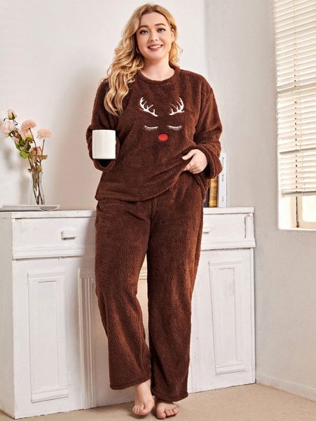 

plus christmas elk embroidered flannel pj set e02k#, Black;white