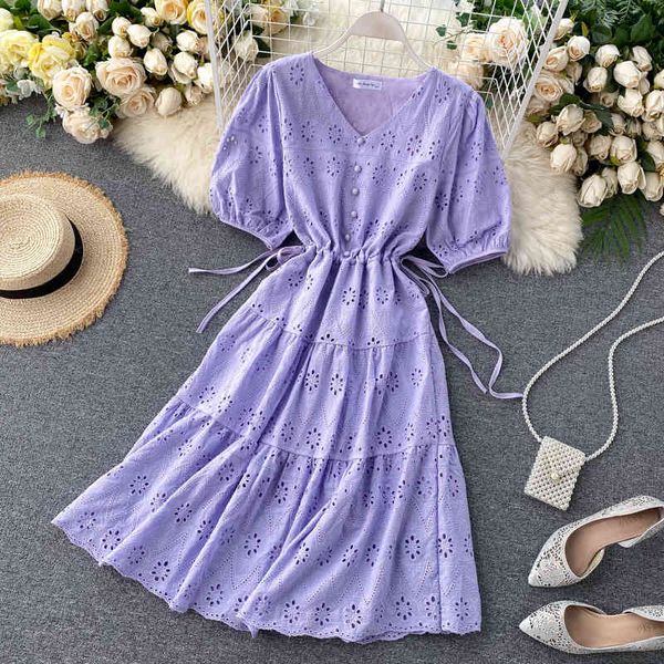 

vintage lace hollow out dress for women v-neck short sleeve drawstring waist summer dresses female fashion 210525, Black;gray