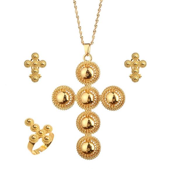 Orecchini Collana Croce etiope Set di gioielli Anello color oro Habesha Africa Regali di nozze