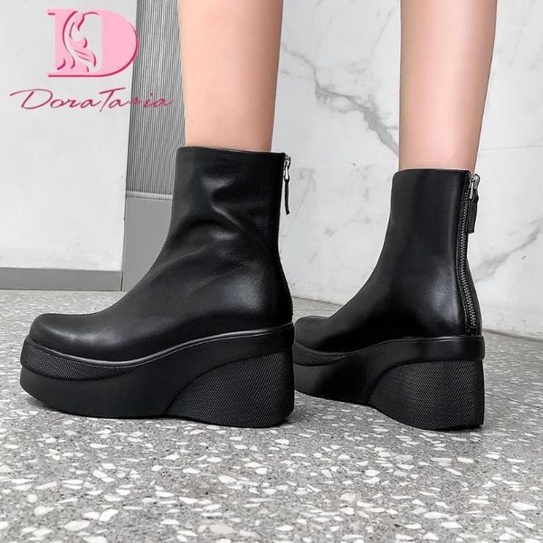 

boots doratasia female genuine leather ankle wedges high heels thick bottom women 2021 party office woman shoes1, Black