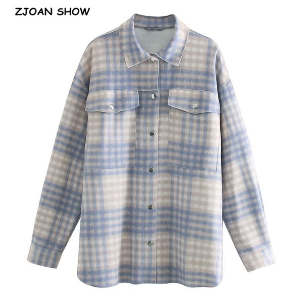 Namorado estilo gingham verifique a camisa xadrez lapela de manga comprida bolsos blusa tops casaco blusas chemise femme blusa céu azul 210429