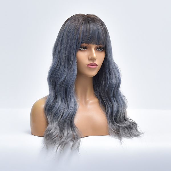

costume accessories long blue wave ombre daily synthetic wigs for white women with bangs nutural heat resistant cosplay party fiber hair fem, Silver