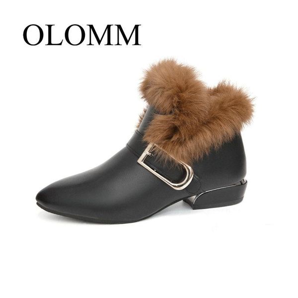 

boots olomm real hair short female 2021 winter pointed leather women plus velvet warm tide ab-18, Black