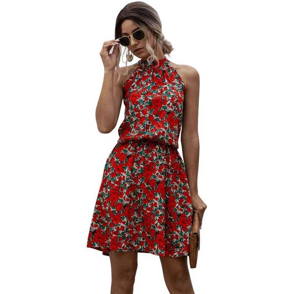 

summer boho sleeveless vintage floral print folds high waits dress women casual streetwear beach loose halter big swing dresses 210608, Black;gray