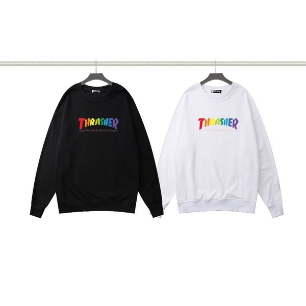 

2021 new rainbow gradient flame thrasher candy classic letter printed terry men's and women's sweater, Black