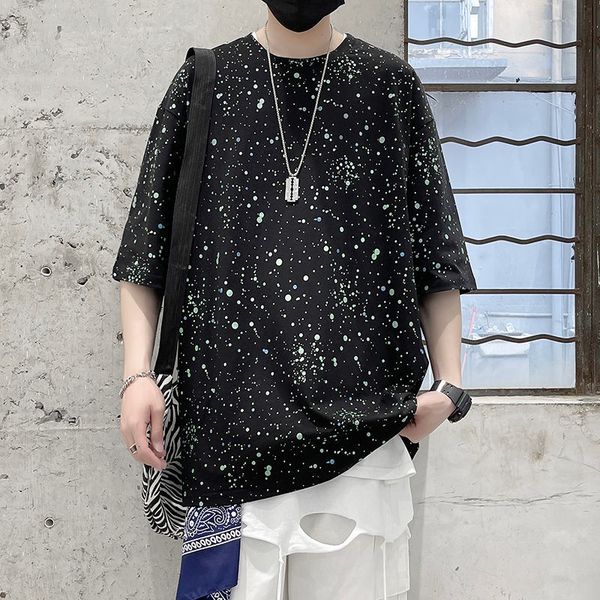 

hoodies summer cotton splash ink t-shirt men's fashion casual short-sleeved t shirt men streetwear korean loose hip-hop tshirt mens, Black