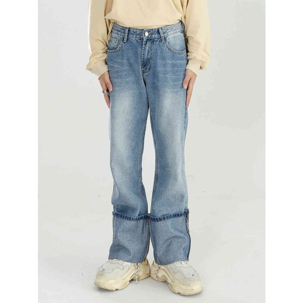 

men's jeans men cuffs streetwear vintage casual straight denim pant male women couple wide leg trousers np25, Blue