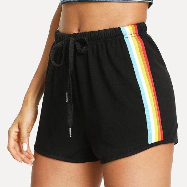 

sports shorts women summer beach rainbow print elastic high waist female stretch slim casual short pants women's, White;black