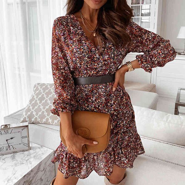 

casual dresses women spring v neck ruffle floral long sleeve 2021 flower print female bohemian elegant a line party vestidos qctu, Black;gray