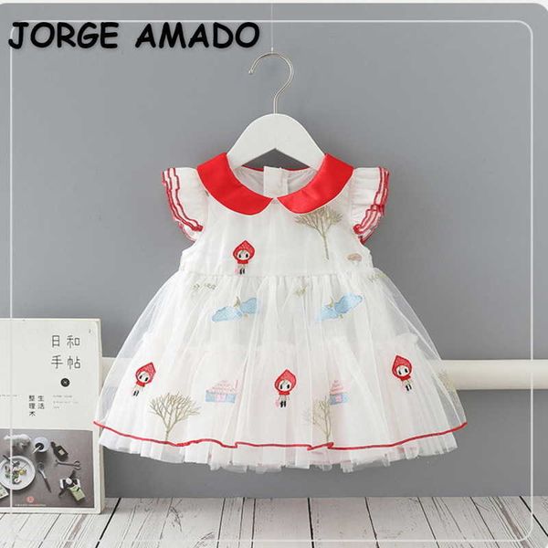 

summer babr girls dress sleeves red peter pan collar embroidery princess kids clothes e9226 210610, Red;yellow