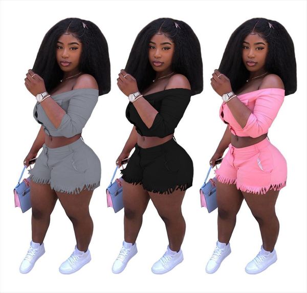

elastic hight material tracksuit women tracksuits sets off shoulder long sleeve crop and tassels spliced biker short 2 piece, Gray