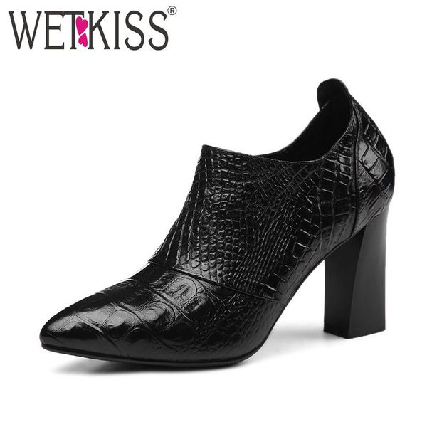 

full genuine leather high heels women's shoes pointed toe embossed cow pumps zipper autumn footwear female dress, Black