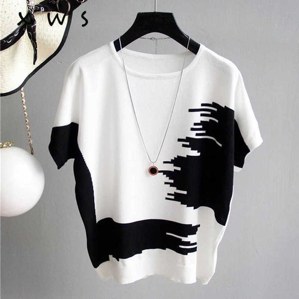 

summer women sweater pullover thin rib knitted patchwork o neck essential jumper short sleeve sweaters jersey mujer 210604, White;black