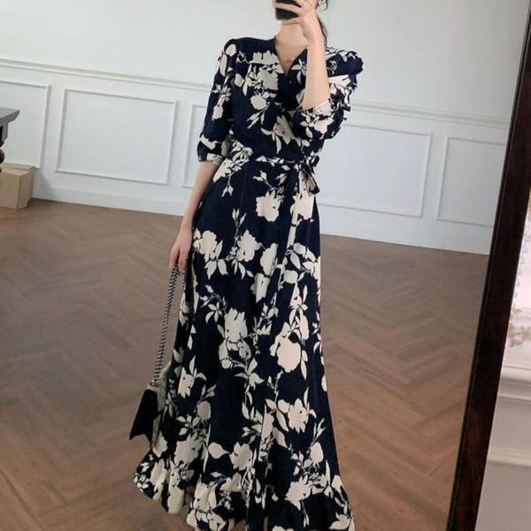 

casual dresses dress autumn 2021 korean fashion retro floral printing v-neck lace temperament simplicity women long, Black;gray