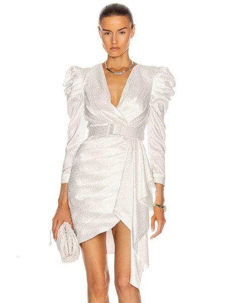 

dresses summer 2021 women long-sleeved v-neck high waist folds irregular tight white evening club party mini, Black;gray