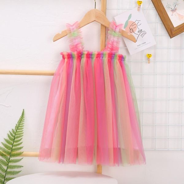 

girls dress summer sling es baby girl fashion children clothes mesh sleeveless princess for 2-6 years old 210515, Red;yellow
