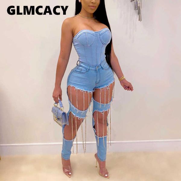 

women high waist blue jeans embellished tassels chic denim pants hip hop punk trousers streetwear 210702