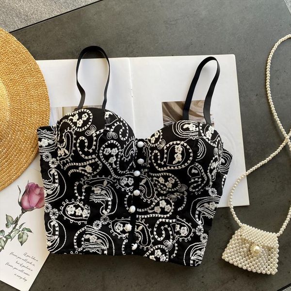 

vintage embroidery crop womens tank spaghetti strap tanke built in bra off shoulder camisole sleeveless colorblock camis, White