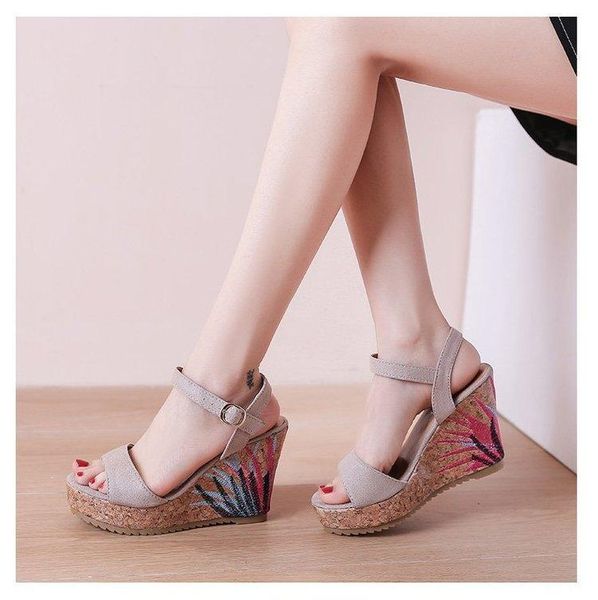 

ladies sandals 2021 wedges shoes high heels casual platform print comfortable summer ankle-strap women woman, Black