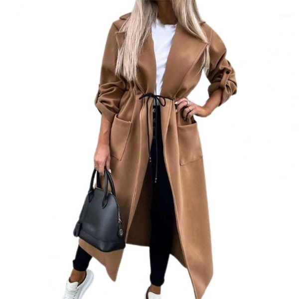 

women's trench coats women coat solid color grid turn-down collar tight waist autumn long woolen jacket l winter, Tan;black