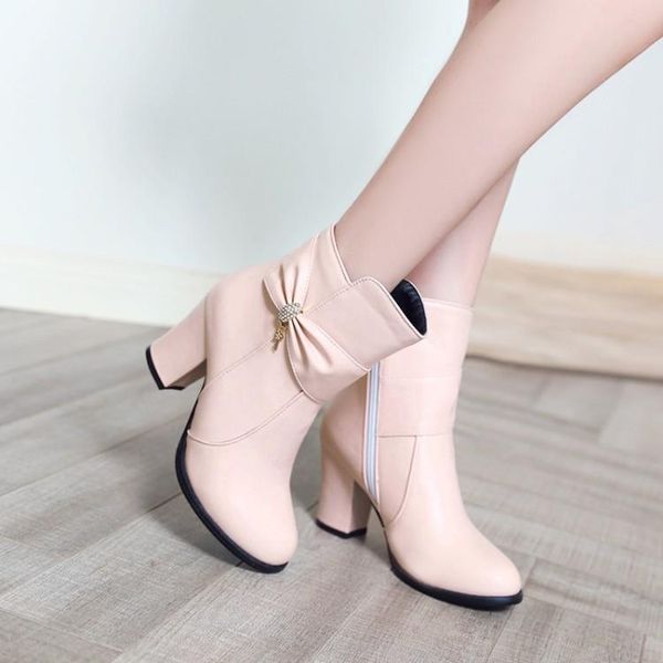 

boots big size 9 10 11-17 women shoes ankle for ladies woman winter solid color round head square heel, Black