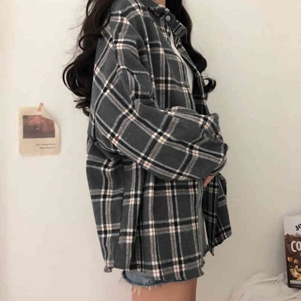 

flectit flannel oversized shirt long sleeve collared boyfriend plaid blouse fall winter womens blouses & shirts *, White
