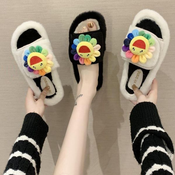 

women's winter slippers smiling sunflower platform sandals fashion colorful casual flats flip home shoes plush slides, Black