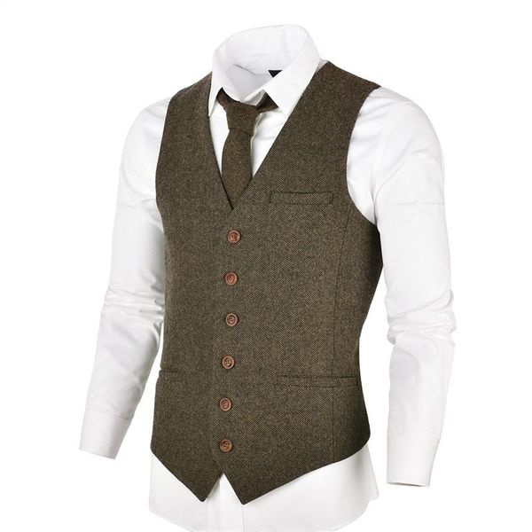 

men's vests voboom wool tweed mens waistcoat single-breasted herringbone slim fitted suit 007, Black;white