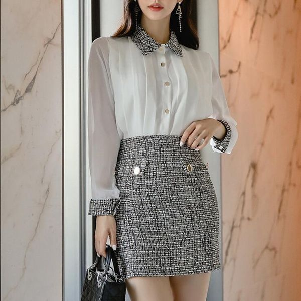 

women korean style elegant 2 pieces suits turn-down collar white shirts and sheath bodycon short skirts ol work set 210525
