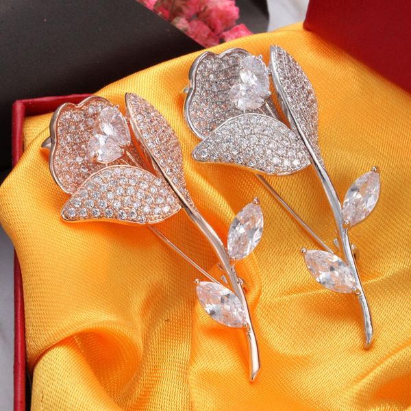 

pins, brooches honghong cubic zirconia rose flower pins for women plant brooch wedding dress jewelry accessories, Gray