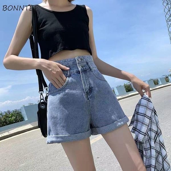

crimping shorts women denim chic high waist all-match vintage retro students solid trousers simple trendy loose ulzzang wide leg women', White;black