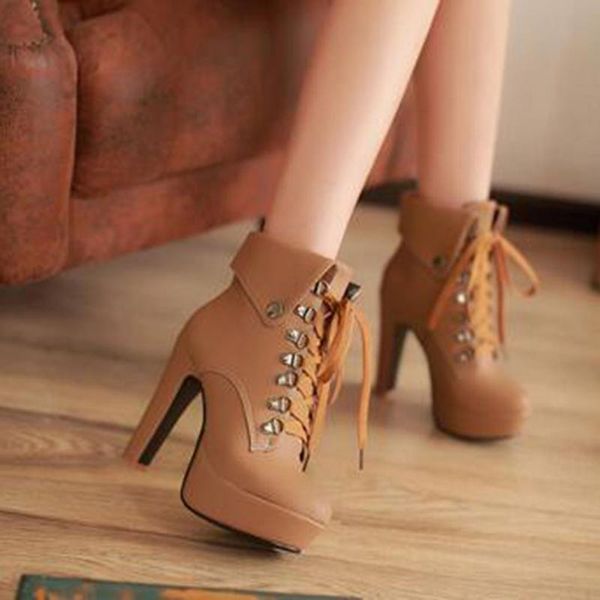 

boots 2021 fashion spring autumn platform ankle women lace up thick heel ladies worker black brown big size