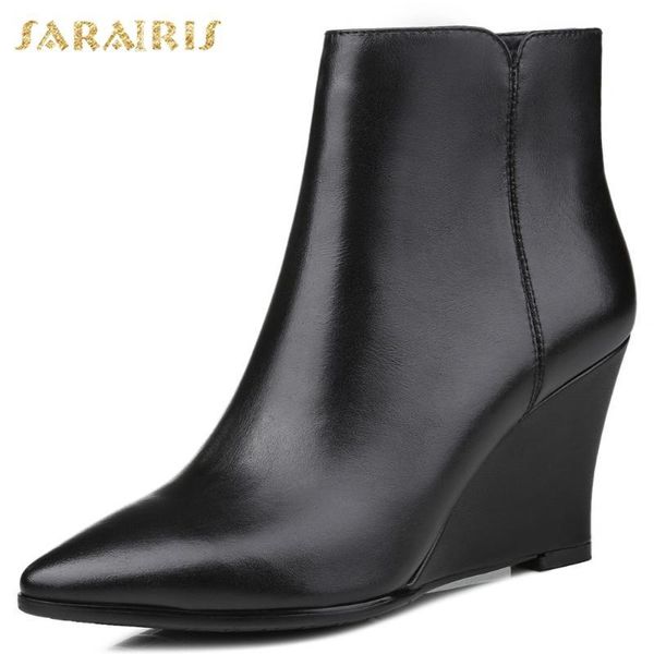 

sarairis 2020 genuine leather wedges high heels autumn winter shoes woman elegant office lady cow skin ankle boots female, Black
