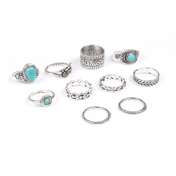 

totem flower turquoise 10 piece set of women's joint combination ring, Black
