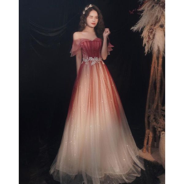 

burgundy toast dress bride 2021 wedding thin evening skirt female banquet temperament night ethnic clothing, Red
