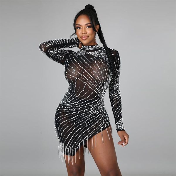 

casual dresses rhinestone pearls tassel sparkly sheer mesh birthday for women night club wear long sleeve bodycon party mini dress, Black;gray