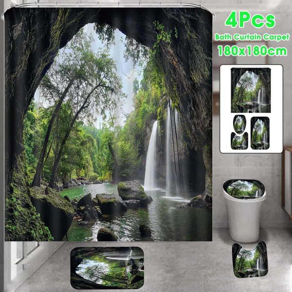 3D Landschaft Wald Wasserfall Stoff Duschvorhang Bäume Bedrucktes Badezimmer Set Badematte Toilettensitzbezug Sockelteppich 210609