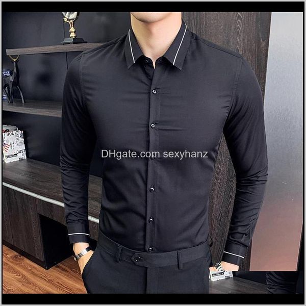 Herrenbekleidung Bekleidung Drop Lieferung Britischer Stil Stickerei Kragen Männer Hemden Langarm Frühling 2021 Einfache Slim Fit Casual Smoking Bl