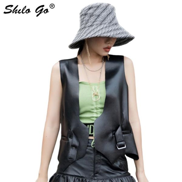 

women's vests genuine leather vest highstreet deep v neck buckle belted sleeveless women autumn casual minimalist fit asymmetry, Black;white