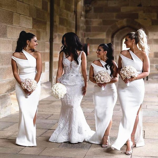 

bridesmaid dress white one shoulder mermaid long dresses side split satin country maid of honor simple prom gowns, White;pink